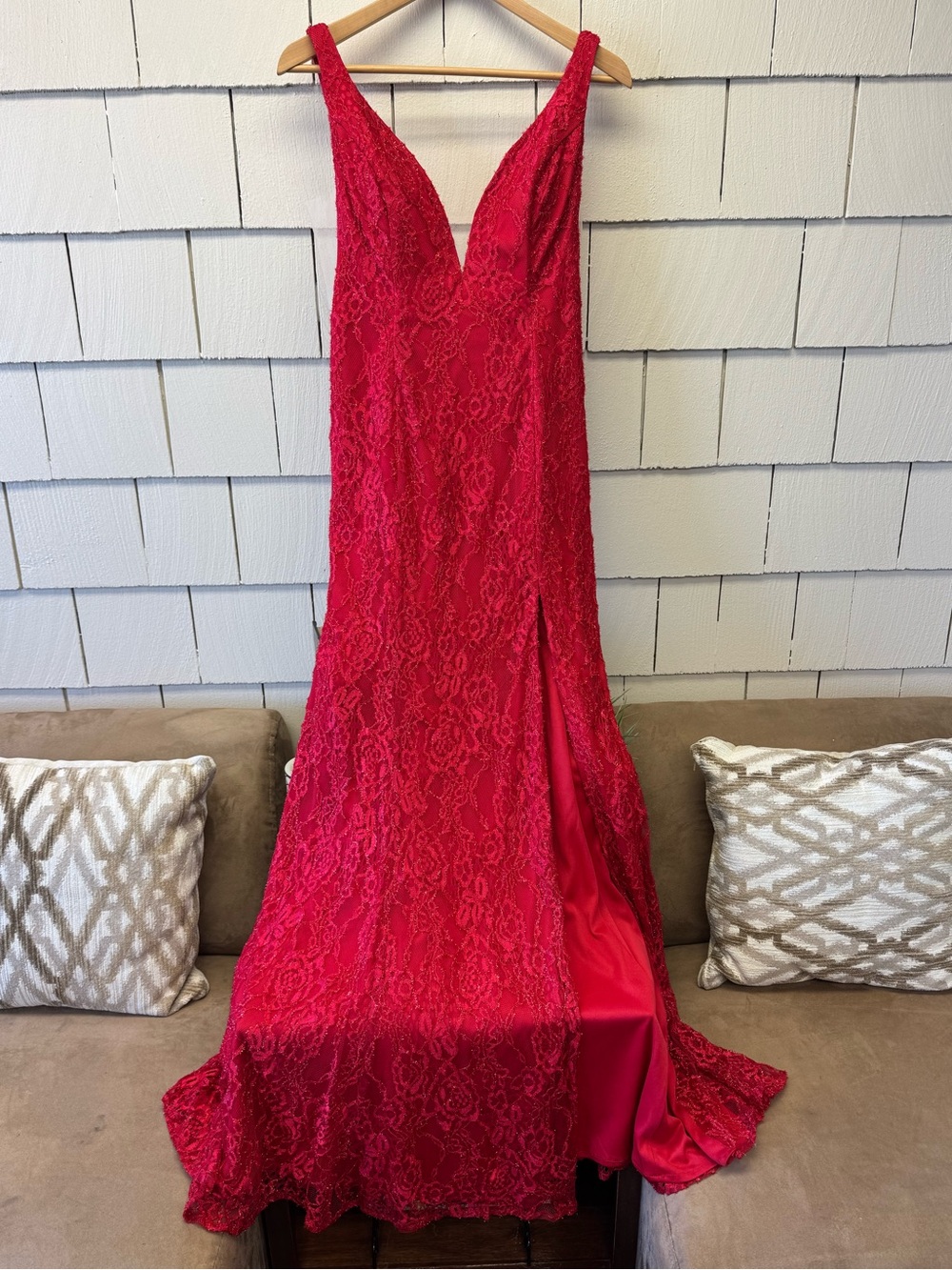 May Queen Couture Red Glam Maxi Dress with Slit Ftont Shiny Yarn Floral 12 Tank